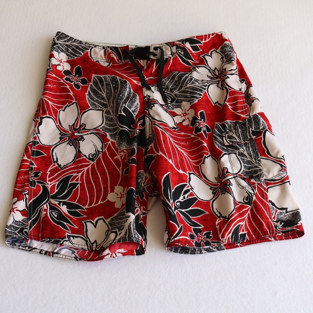 Vintage Quiksilver Mens Red Hibiscus Floral Board Shorts Swim Trunks Size 33 Y2K - Picture 2 of 10
